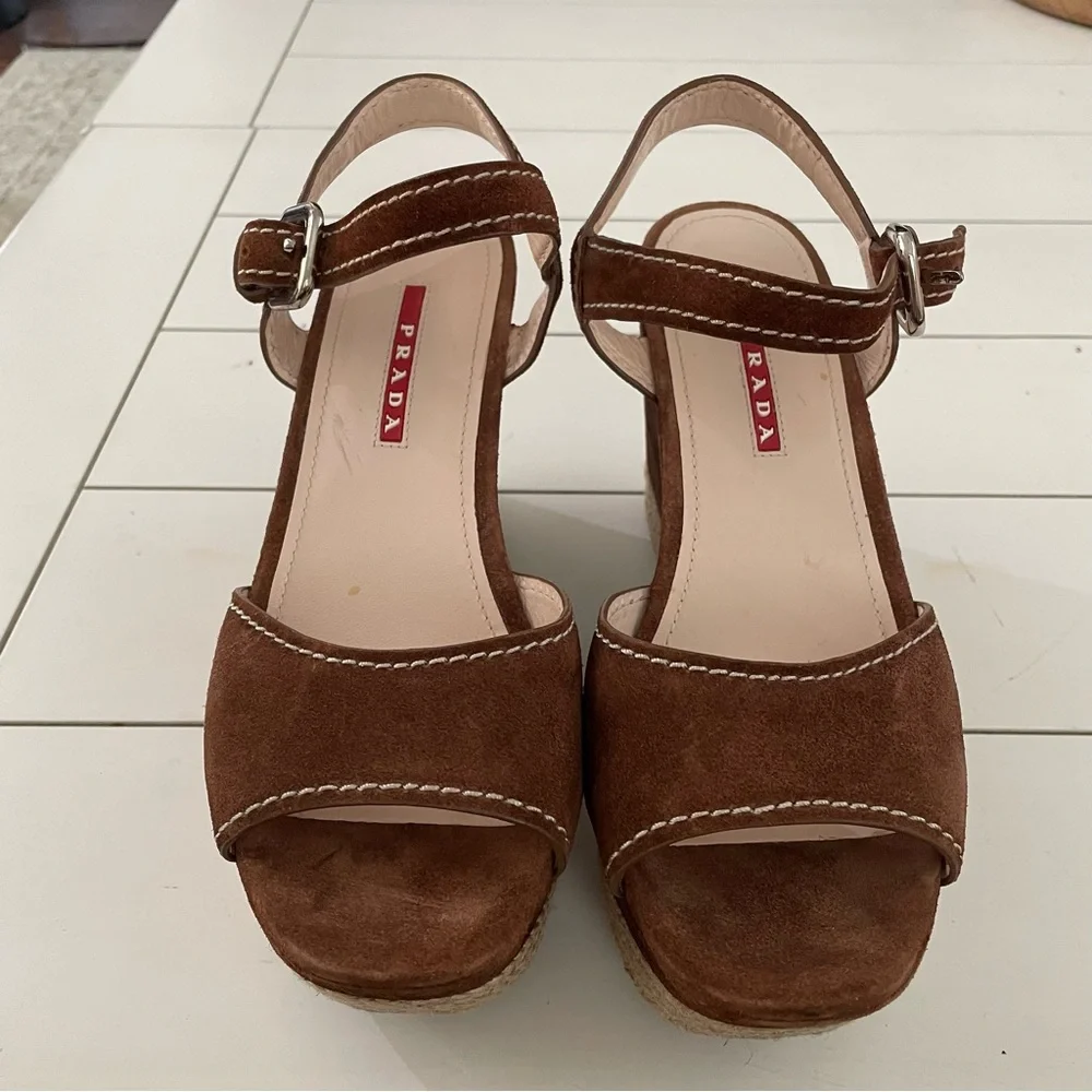 PRADA 3XZ170 Suede Platform Wedge Sandals Brown Espadrille Ankle Strap Size 36.5